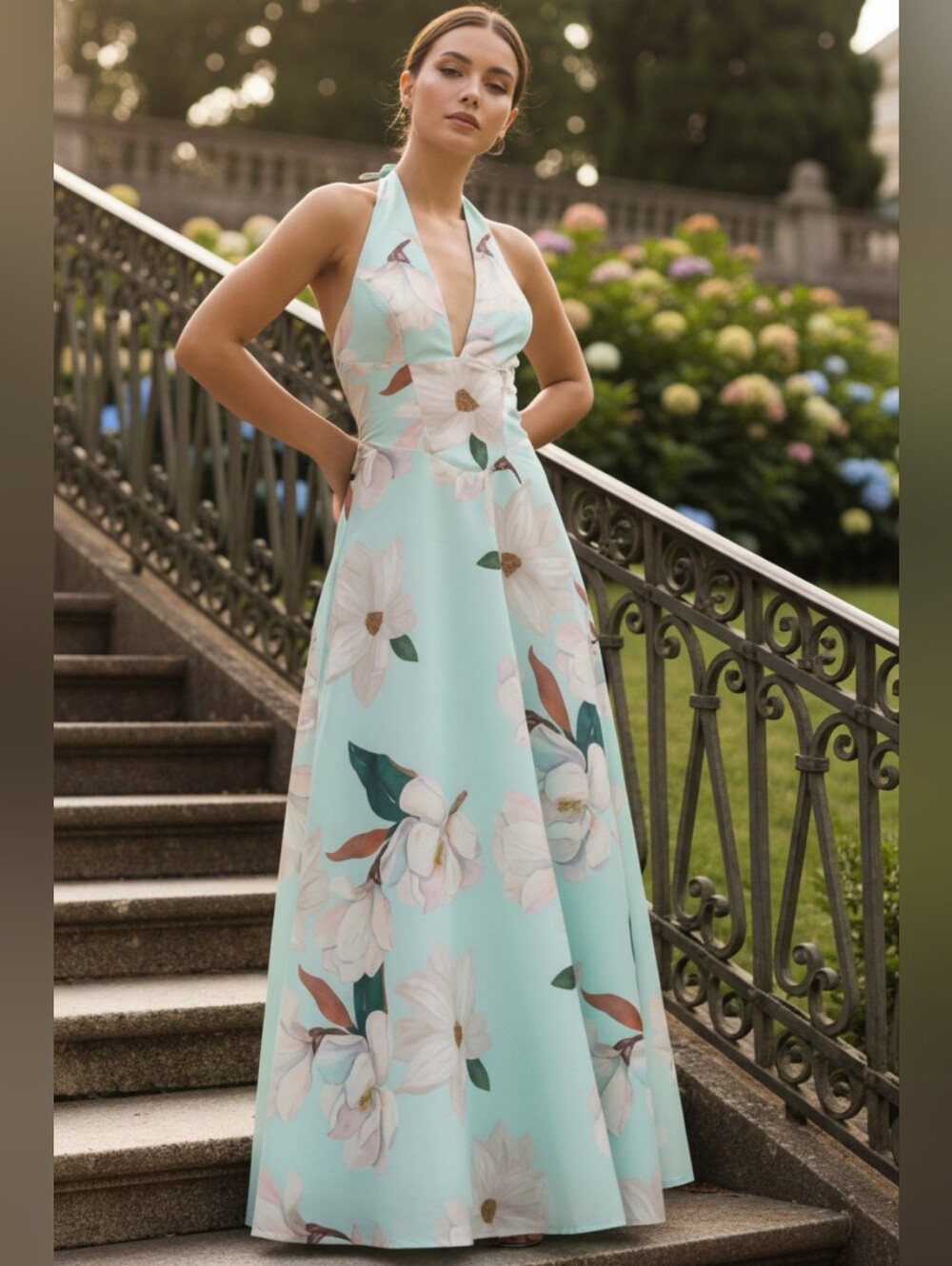 Corset Tie Open Back Plunging Halter V-Neck Flowing A-line Summer Maxi Dress